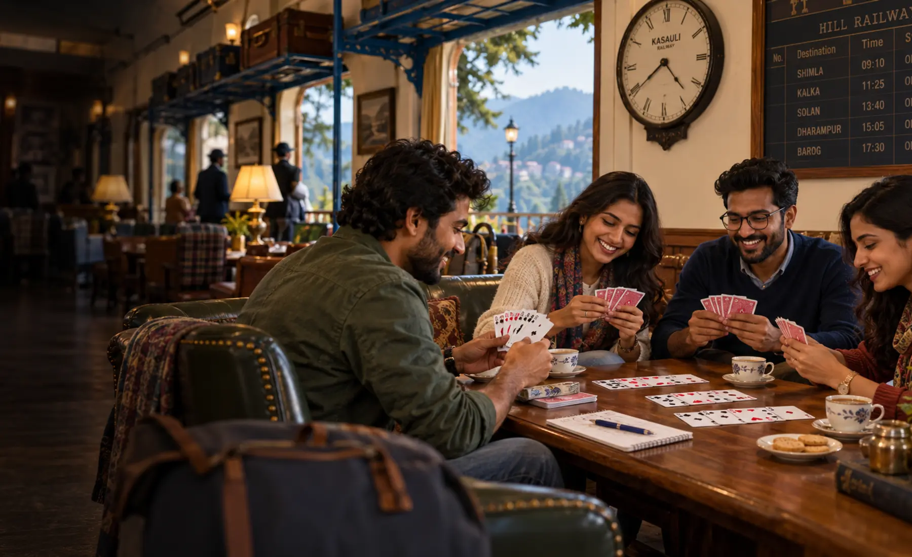 Indian family and friends enjoying traditional games in a Indian adults studying pattern charts and traditional games